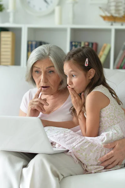 Retrato Abuela Feliz Nieta Usando Ordenador Portátil — Foto de Stock