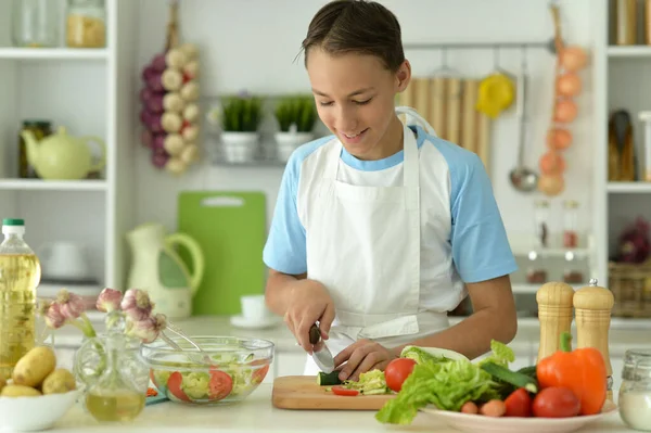 Cute Boy Preparing Cooking Home — Stock Photo, Image