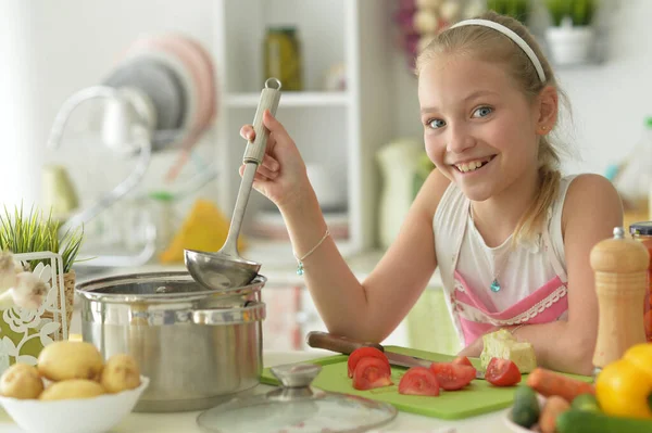 Cute Happy Girl Coocking Kitchen Listening Music — Stock Photo, Image