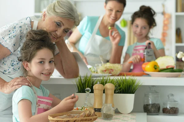 Cute Happy Girl Eating Kitchen — Stock Photo, Image