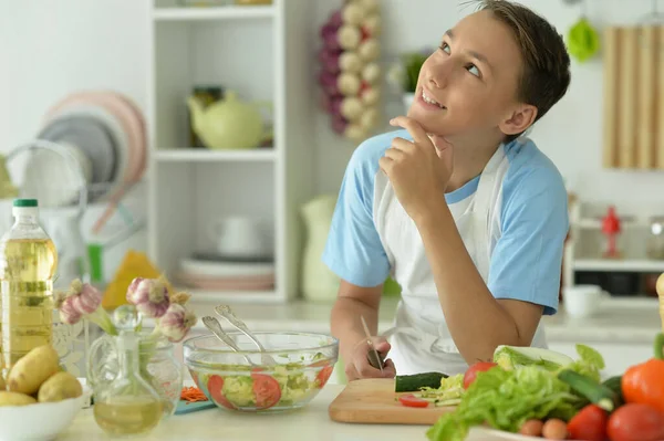 Cute Boy Preparing Cooking Home — Stock Photo, Image