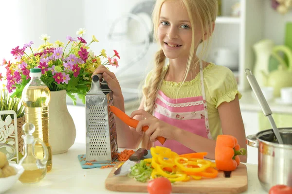 Cute Happy Girl Coocking Kitchen — Stock Photo, Image