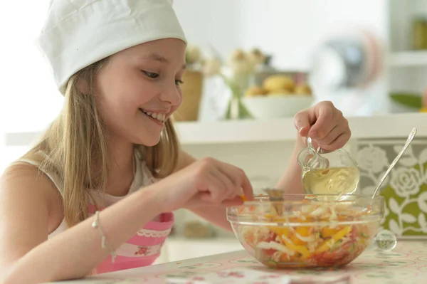 Cute Happy Girl Coocking Kitchen — Stock Photo, Image