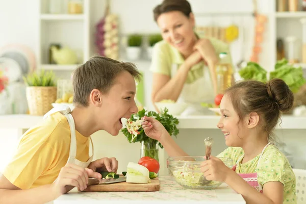 Cute Brother Sister Cooking Together Kitchen — Stock Photo, Image