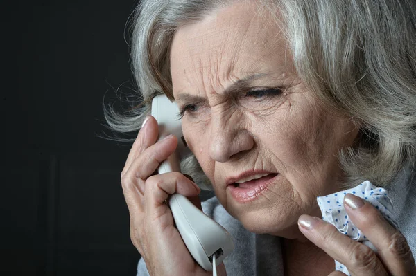 Close Portrait Ill Senior Woman Calling Doctor — Stock Photo, Image