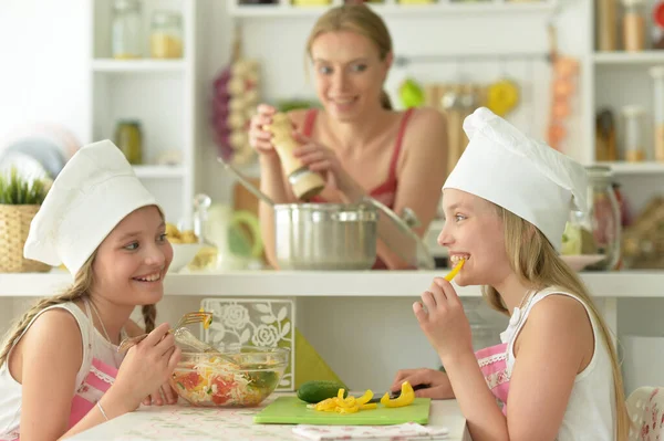 Cute Happy Girls Coocking Kitchen — Stock Photo, Image