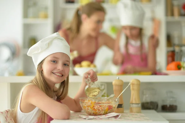 Cute Happy Girl Coocking Kitchen — Stock Photo, Image