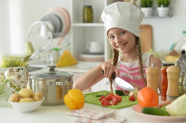 Cute Happy Girl Coocking Kitchen — Stock Photo, Image