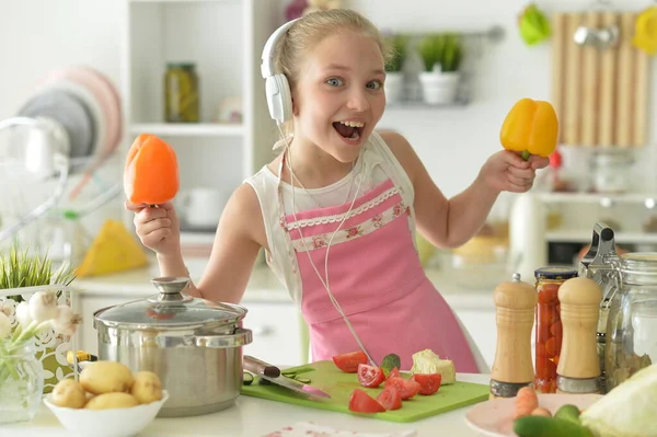 Cute Happy Girl Coocking Kitchen Listening Music — Stock Photo, Image