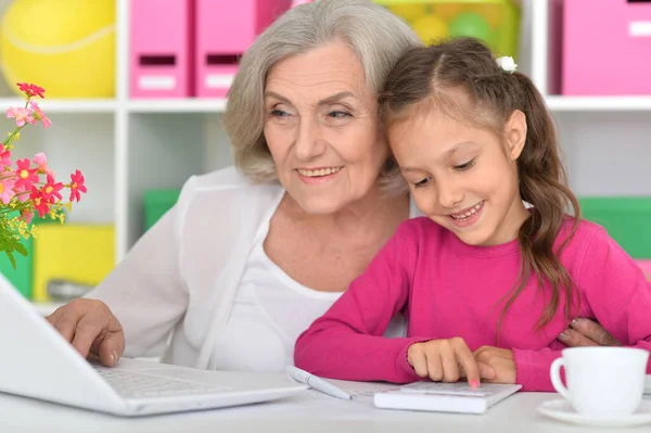 Portrait Grand Mère Heureuse Petite Fille Utilisant Ordinateur Portable — Photo