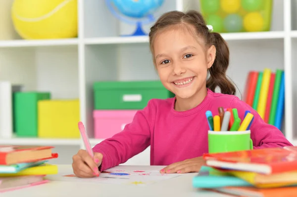 Cute Girl Drawing Picture Home — Stock Photo, Image