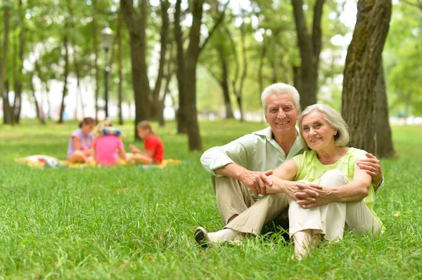 Seniorenpaar Zit Het Gras Het Park — Stockfoto