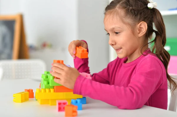 Happy Cute Little Girl Playing Cubes — Stock Photo, Image