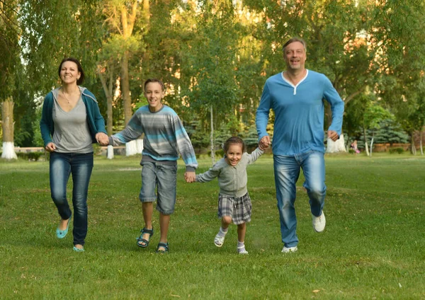 快乐的年轻家庭在夏日公园里奔跑的画像 — 图库照片