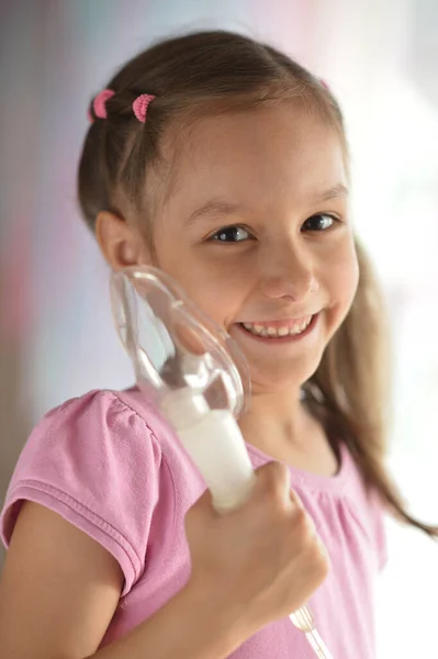 Portrait Sick Little Girl Holding Inhaler — Stock Photo, Image