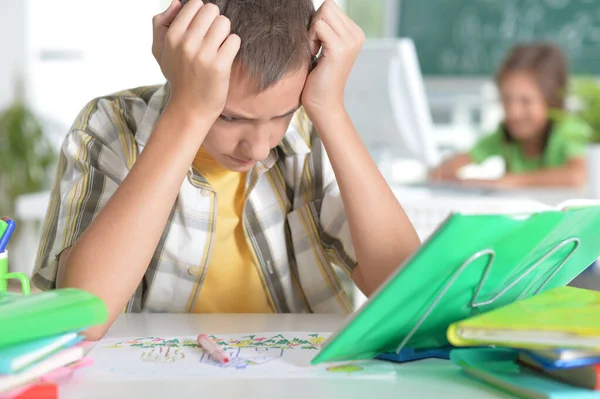 Tired Boy Sitting Table Studying Home — Stok Foto