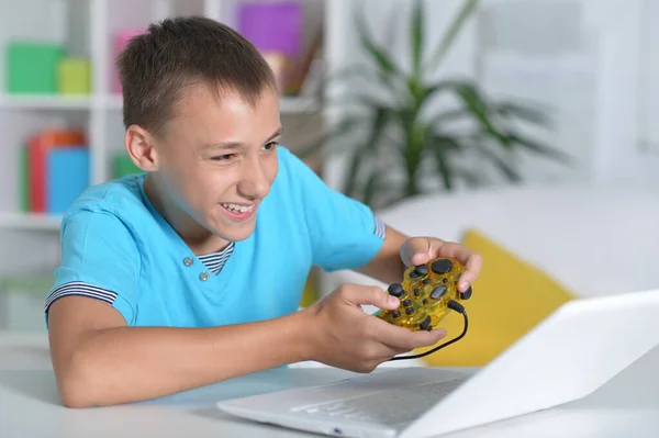 Cute Boy Using Laptop Home Playing Game — Stock Photo, Image