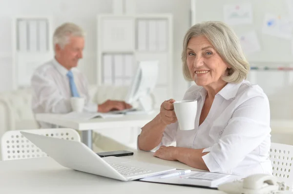 Senior Femme Travaillant Dans Bureau Avec Ordinateur Portable — Photo