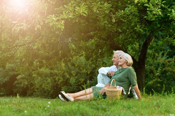 Seniorenpaar Zit Het Gras Het Park — Stockfoto