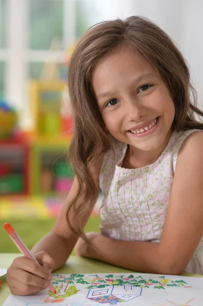 Bonito Menina Desenho Imagem Casa — Fotografia de Stock