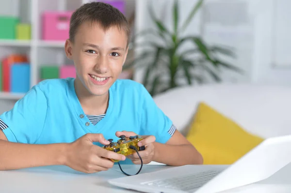 Cute Boy Using Laptop Home Playing Game — Stock Photo, Image