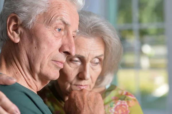 Portrait Sad Senior Couple Posing Home — Stock Photo, Image
