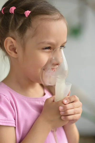 Portrait Sick Little Girl Holding Inhaler — Stok Foto