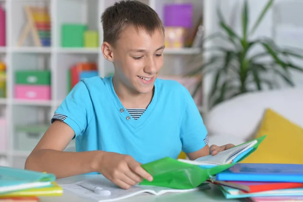 Schattig Jongen Doen Huiswerk Thuis — Stockfoto