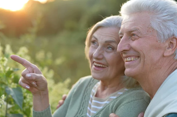 Senior Paar Poseren Het Park Vrouw Wijzen Met Vinger — Stockfoto