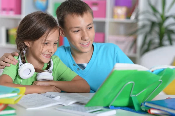 Broer Zus Samen Huiswerk Maken — Stockfoto