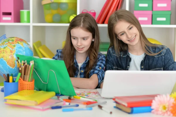 Twee Leuke Meisjes Studeren Thuis — Stockfoto