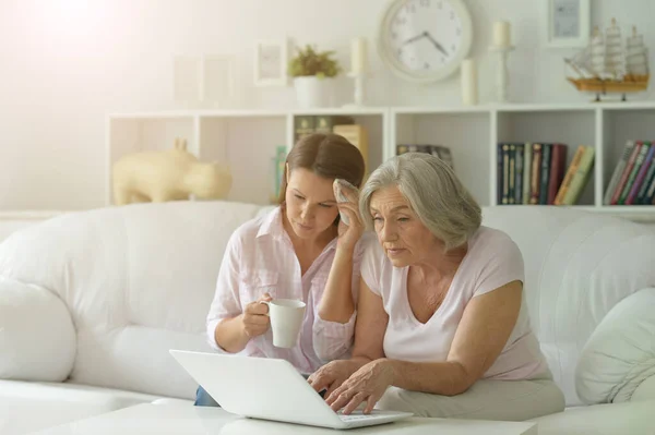 Young Beautiful Woman Mother Using Laptop Sofa Home — Stock Photo, Image