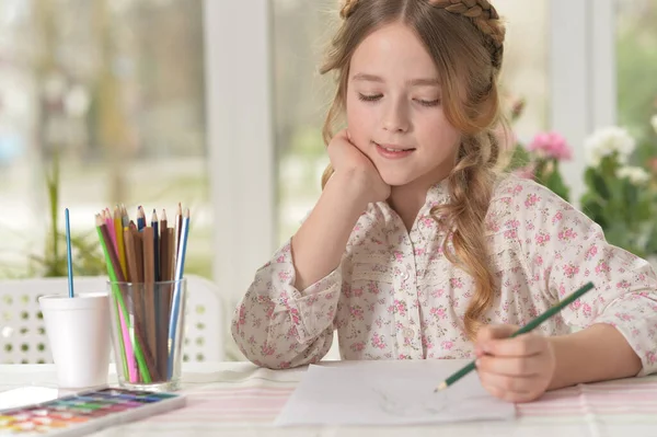 Bonito Sorrindo Menina Desenho Casa — Fotografia de Stock