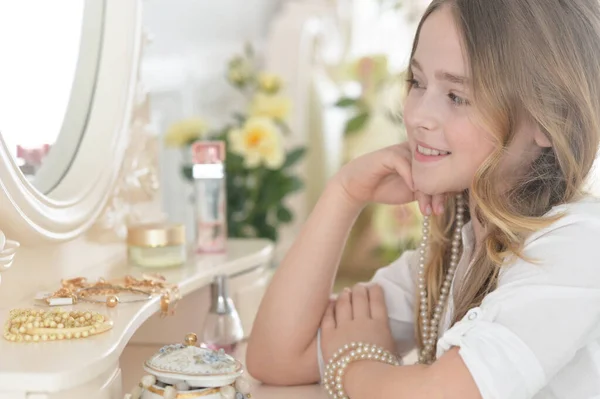 Cute Little Girl Sitting Dressing Table Mirror — Stock Photo, Image