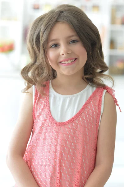 Beautiful Happy Girl Looking Camera Indoors — Stock Photo, Image