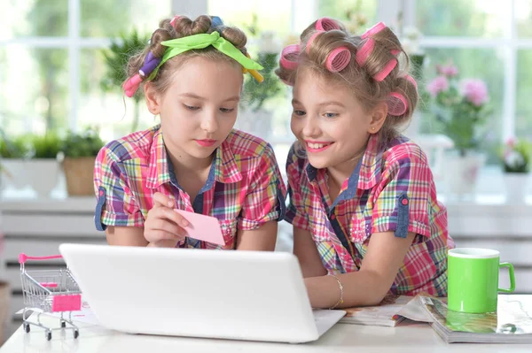 Meninas Gêmeas Bonitos Encrespadores Cabelo Com Laptop Compras Line — Fotografia de Stock