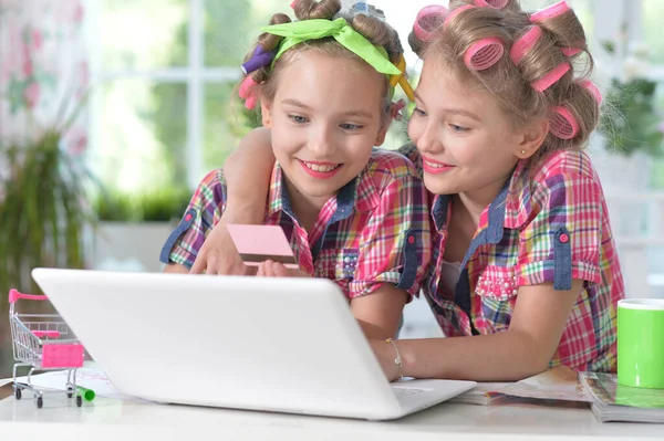 Carino Ragazze Gemelle Bigodini Capelli Con Computer Portatile Shopping Online — Foto Stock