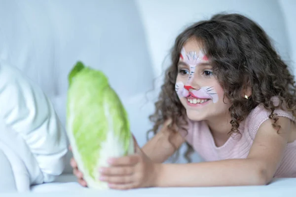Cute Little Girl Face Painted Rabbit Cabbage — Stock Photo, Image