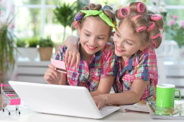 Leuke Tweeling Meisjes Haar Krulspelden Met Laptop Winkelen Online — Stockfoto