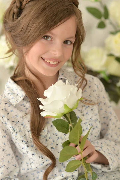 Bonito Bela Menina Posando Estúdio Com Rosa — Fotografia de Stock