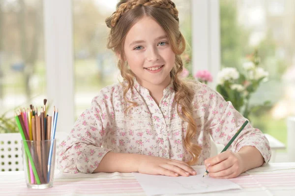 Cute Smiling Girl Drawing Home — Stock Photo, Image