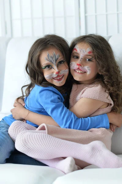 Cute Little Girls Faces Painted Posing — Stock Photo, Image