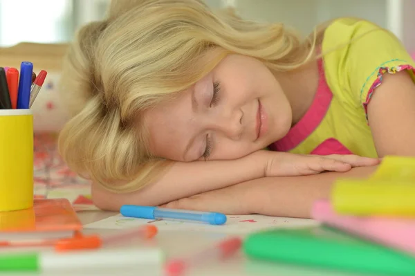 Cute Schoolgirl Sleeping Her Homework Home — Stock Photo, Image