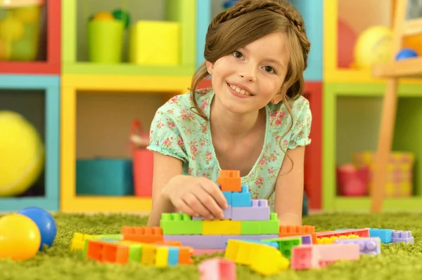 Happy Cute Little Girl Playing Cubes — Stock Photo, Image