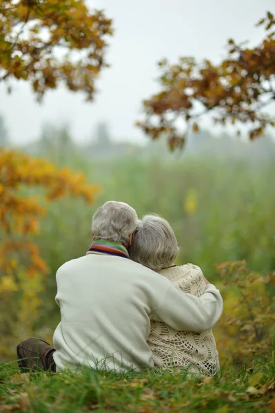 Äldre par promenader i parken hösten — Stockfoto