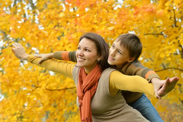 Madre con un figlio nel parco autunnale — Foto Stock