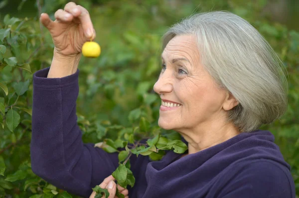 Elderly woman holding a  fruit in her hand — Stock Photo, Image