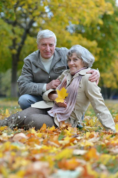 Pareja madura caminando en el parque de otoño — Foto de Stock