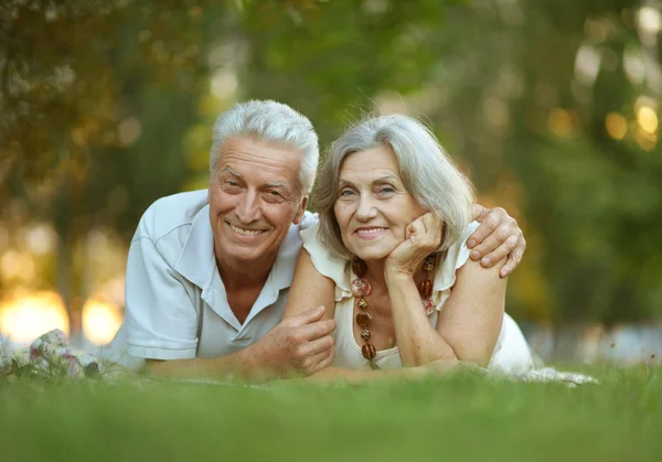 Vecchia coppia sdraiata sull'erba — Foto Stock