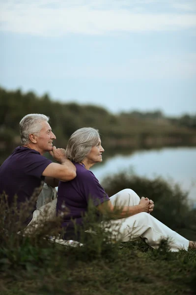 Idősebb pár ült tónál — Stock Fotó